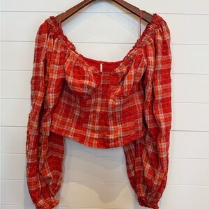 NWT Free People Red Hot Plaid Off-Shoulder Blouse Size XL